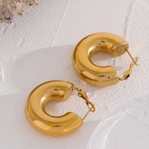 New Gold Thick Chunky Hoop Earrings - Picture 11 of 13
